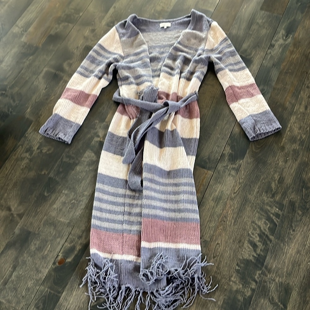 Long Striped Fringe Belted Cardigan Sweater - Lavender, Cream & Mauve